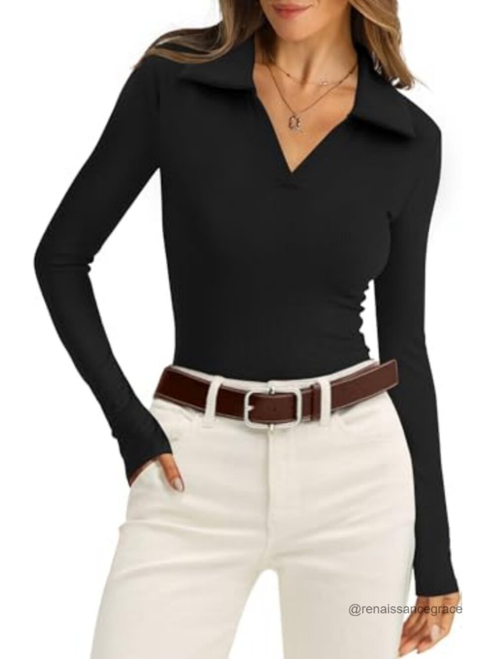 Womens Long Sleeve Ribbed Knit Polo Shirt Slim Fit Business Casual Top